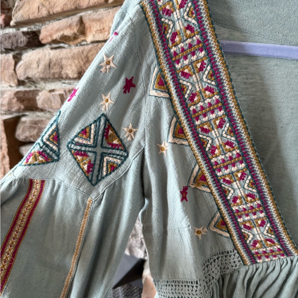Free People Boho Embroidered Blouse in Soft Green
